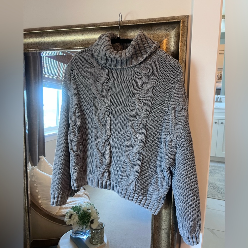 Gray Cable Knit Turtleneck Sweater